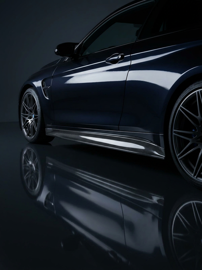 K2 Industries BMW 3 Series F80 M3 and 4 Series F82 M4 carbon fiber side skirts installed, showcasing sleek, aerodynamic design.