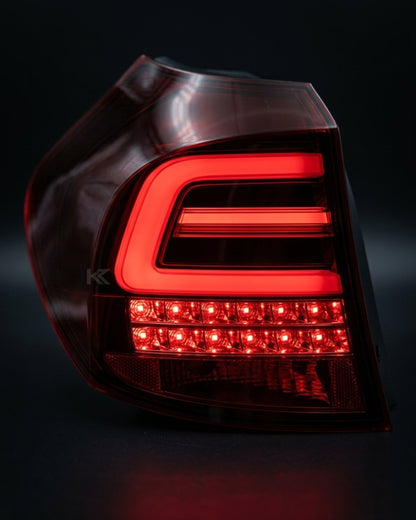 BMW 1 Series E87 E81 120i 130i LED tail light upgrade by K2 Industries, showing sleek, modern tail light design on a 2005-2011 model.