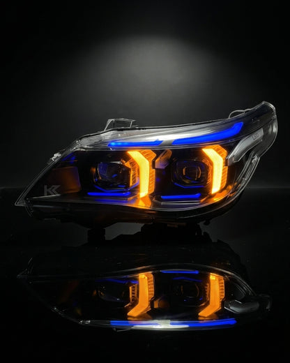 BMW 5 Series E60 snake eye LED headlight assembly by K2 Industries with dual-color DRL, for 2003-2010 models.