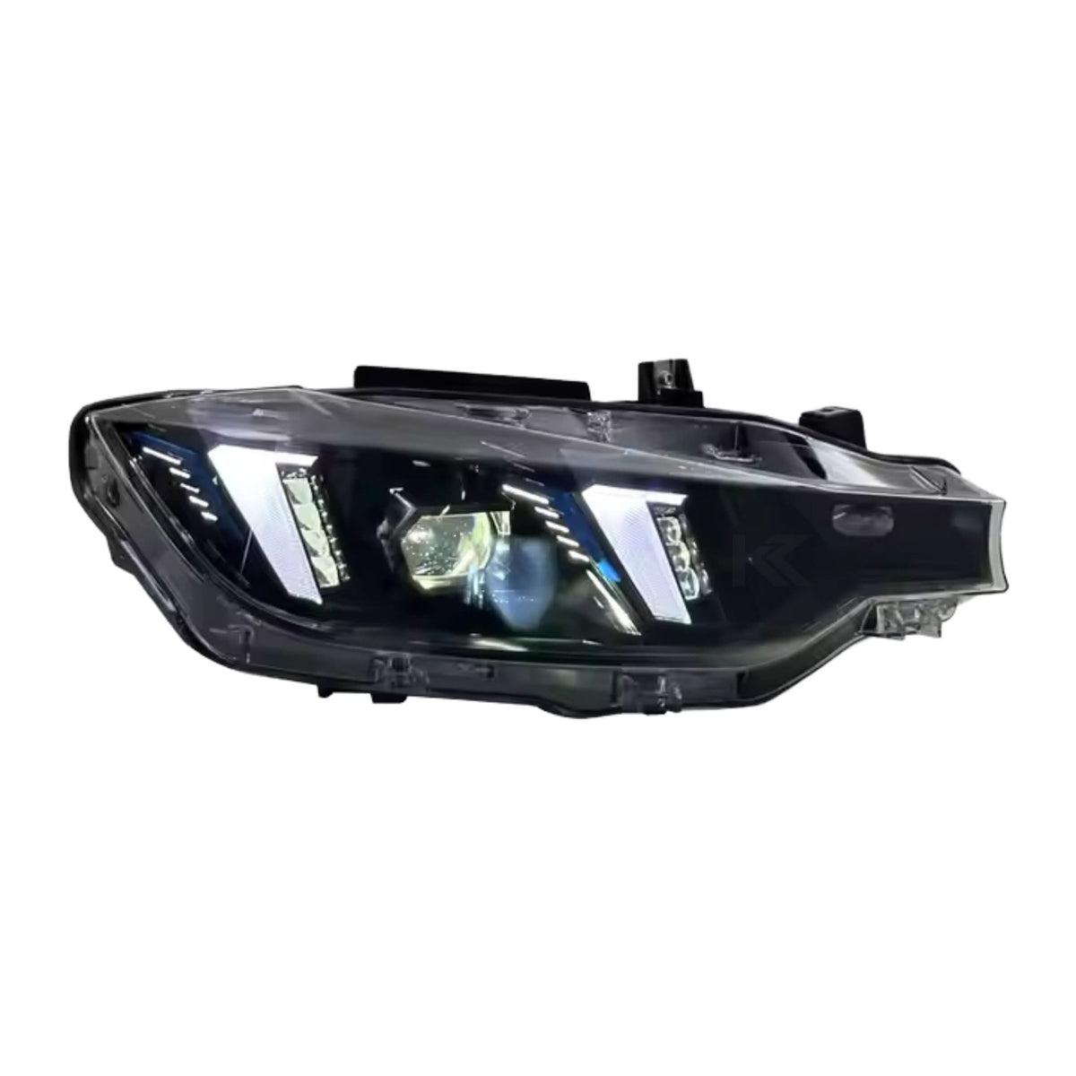 BMW 3 Series F30 Snake Eyes LED headlights by K2 Industries, showing the sleek headlight design with LED accents and clear lenses.