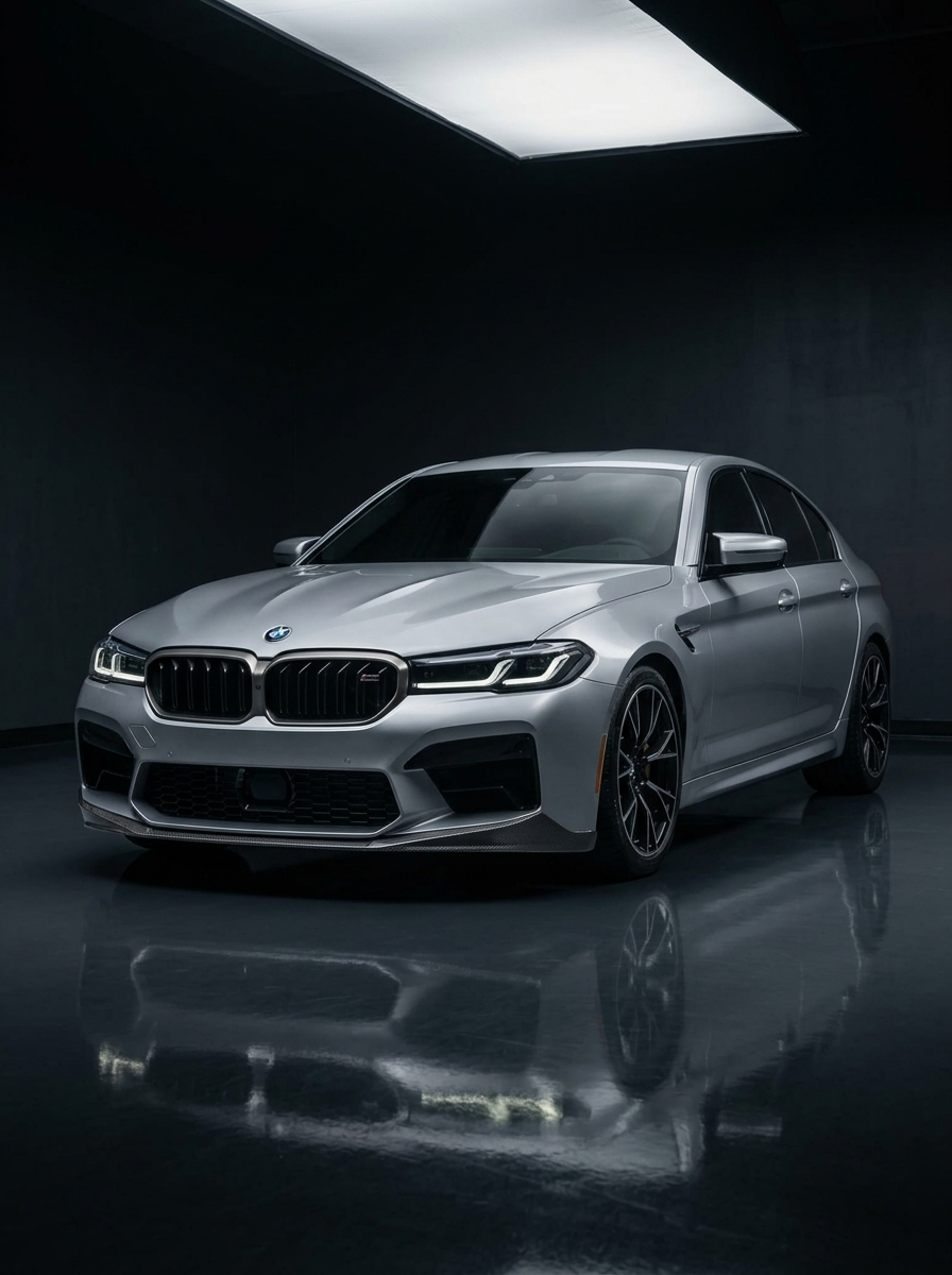BMW 5 Series F90 M5 LCI CS Style carbon fiber front lip by K2 Industries on a 2021+ model, showcasing sleek aerodynamic design.