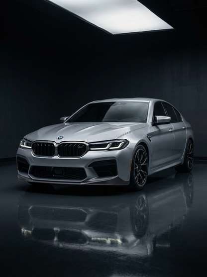 BMW 5 Series F90 M5 LCI CS Style carbon fiber front lip by K2 Industries on a 2021+ model, showcasing sleek aerodynamic design.
