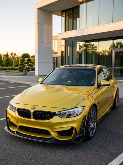 BMW 3 Series F80 M3 F82 M4 Laptor Style carbon fiber front lip by K2 Industries, shown installed on the front bumper.