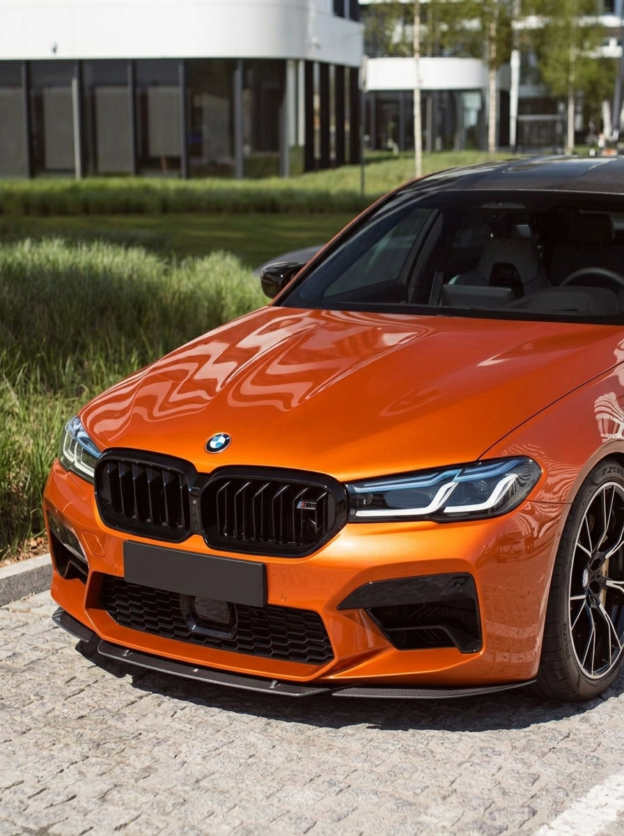 BMW 5 Series F90 M5 LCI carbon fiber front lip by K2 Industries, styled with ST design, for 2020+ model.