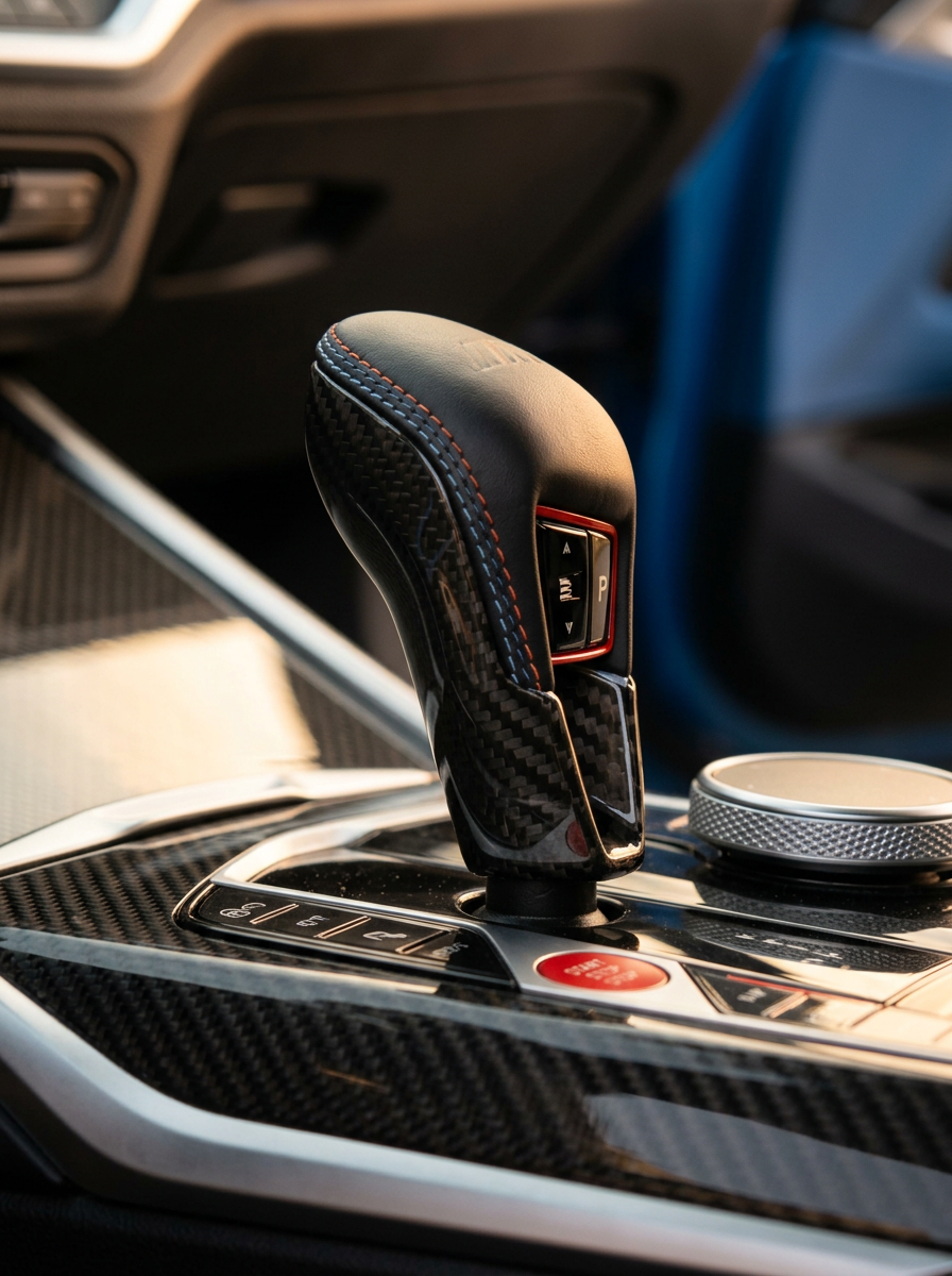 BMW 3/4 Series G80/G81/G82/G83/G87 carbon fiber gear shifter knob by K2 Industries, sleek and modern design for 2021+ models.