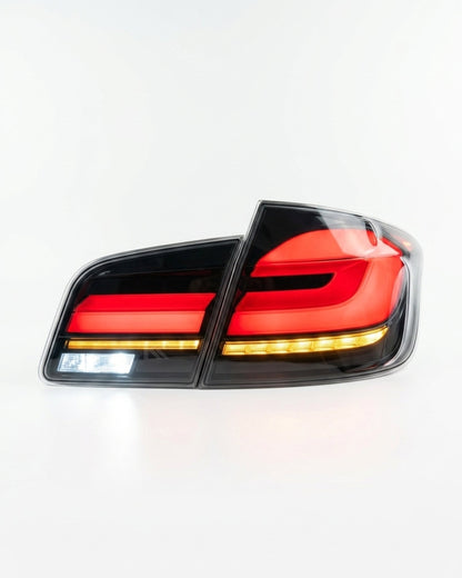BMW 5-Series F10 F18 clear tail lights with G30 style, designed for 2011-2017 models, by K2 Industries