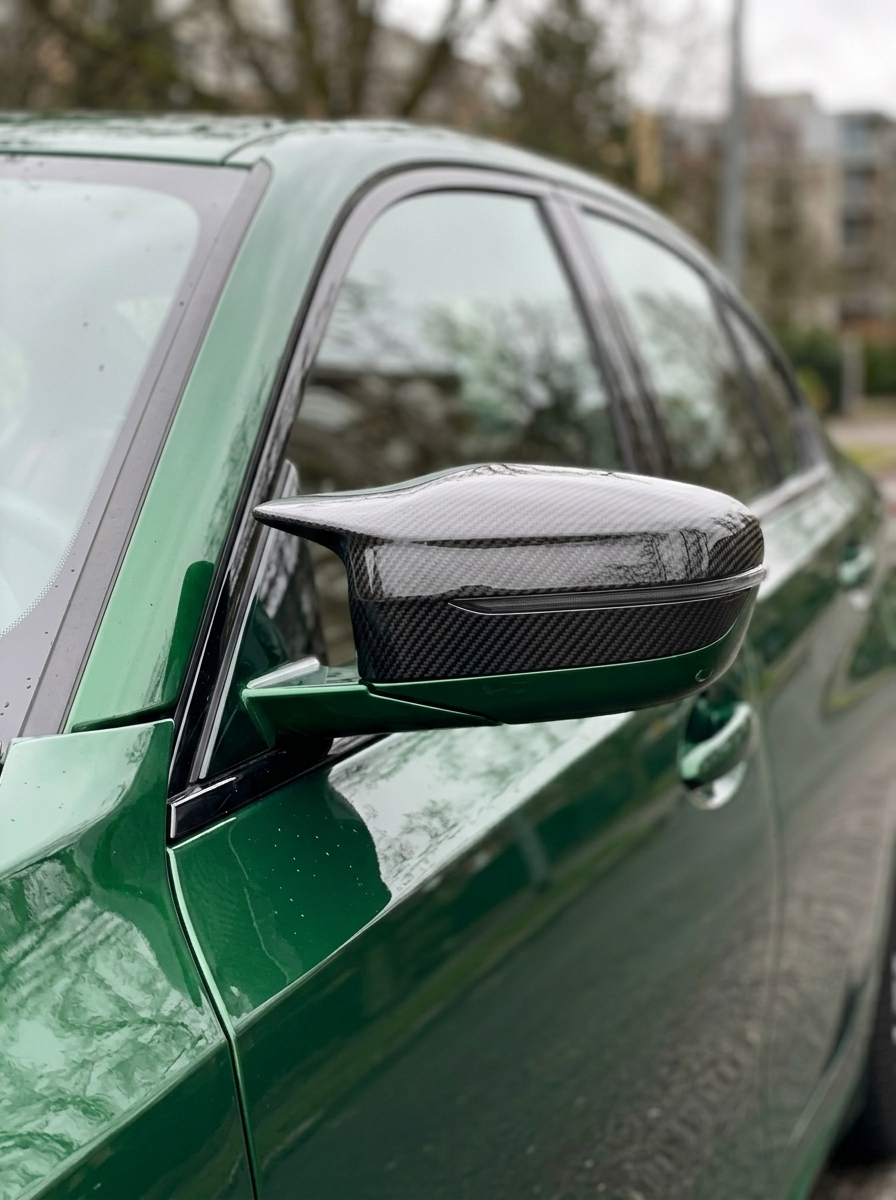 BMW 5 Series F90 M5 carbon fiber side mirror cover by K2 Industries, showcasing sleek, lightweight mirror accessory for 2018+ models.