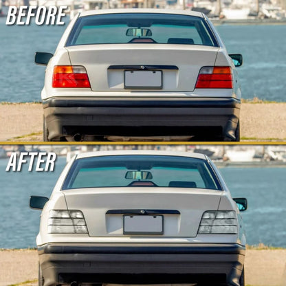 BMW 3 Series E36 tail lights with clear frosted lens by K2 Industries, showing the front view of the rear light assembly.