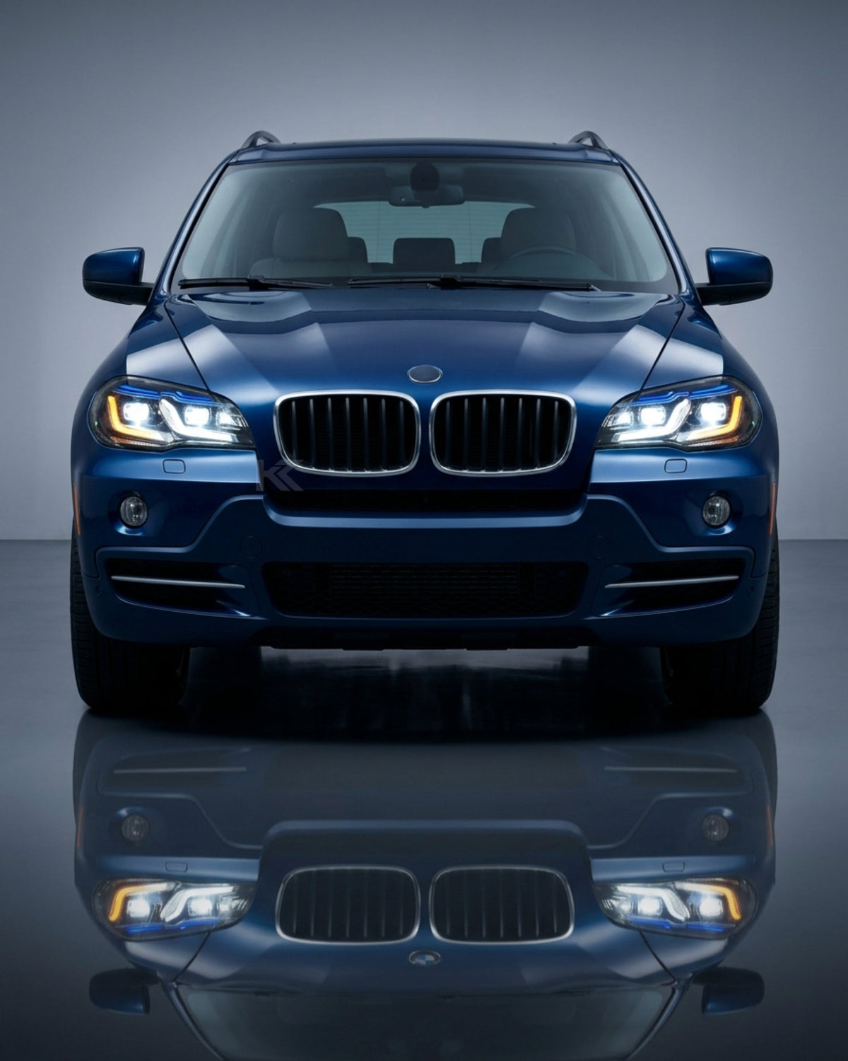 BMW X5 E70 LED headlights upgrade by K2 Industries, showing close-up of sleek, modern headlight components for 2007-2013 models.