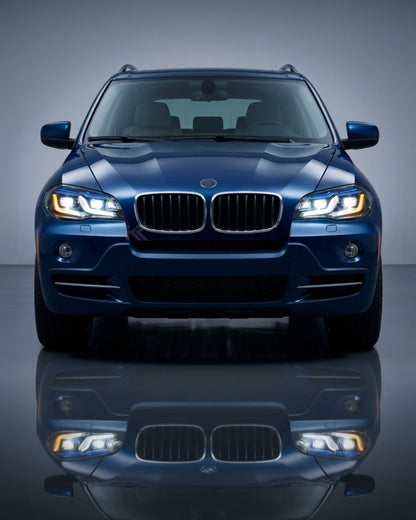 BMW X5 E70 LED headlights upgrade by K2 Industries, showing close-up of sleek, modern headlight components for 2007-2013 models.