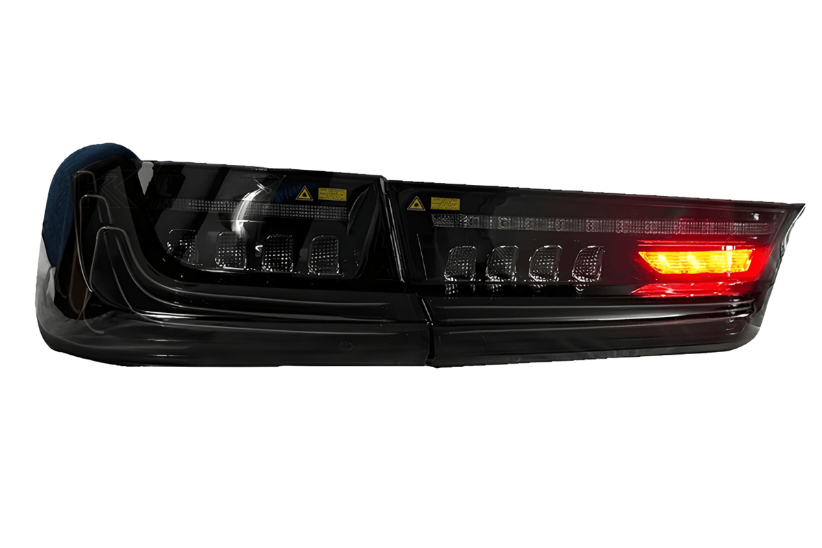 BMW 3 Series G20 G28 red and smoked CSL style laser tail lights by K2 Industries, showcasing sleek car rear lighting design.