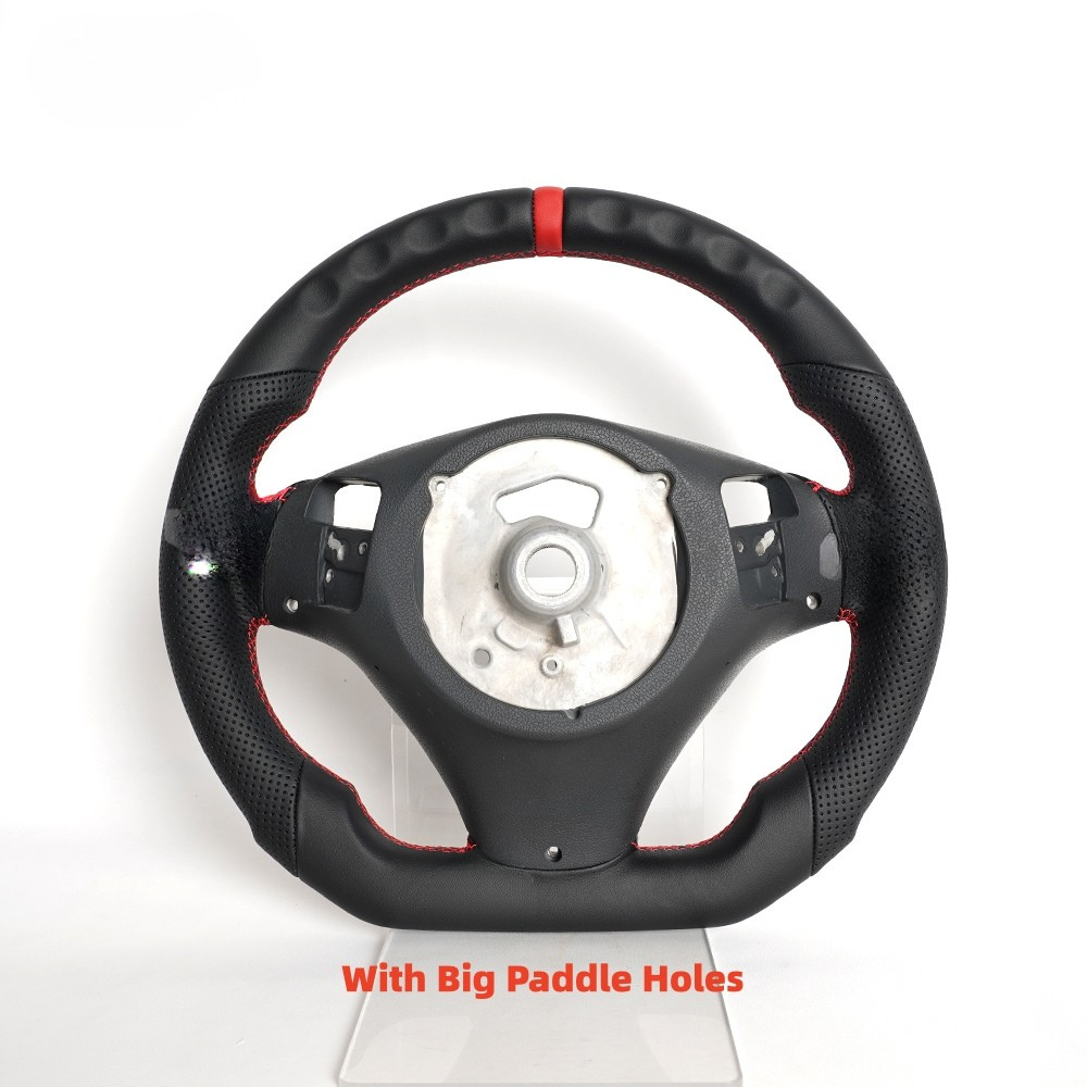 Vekto full leather steering wheel for BMW E90 E92 E93 M3 328i 335i, showing textured leather grip and sleek design.