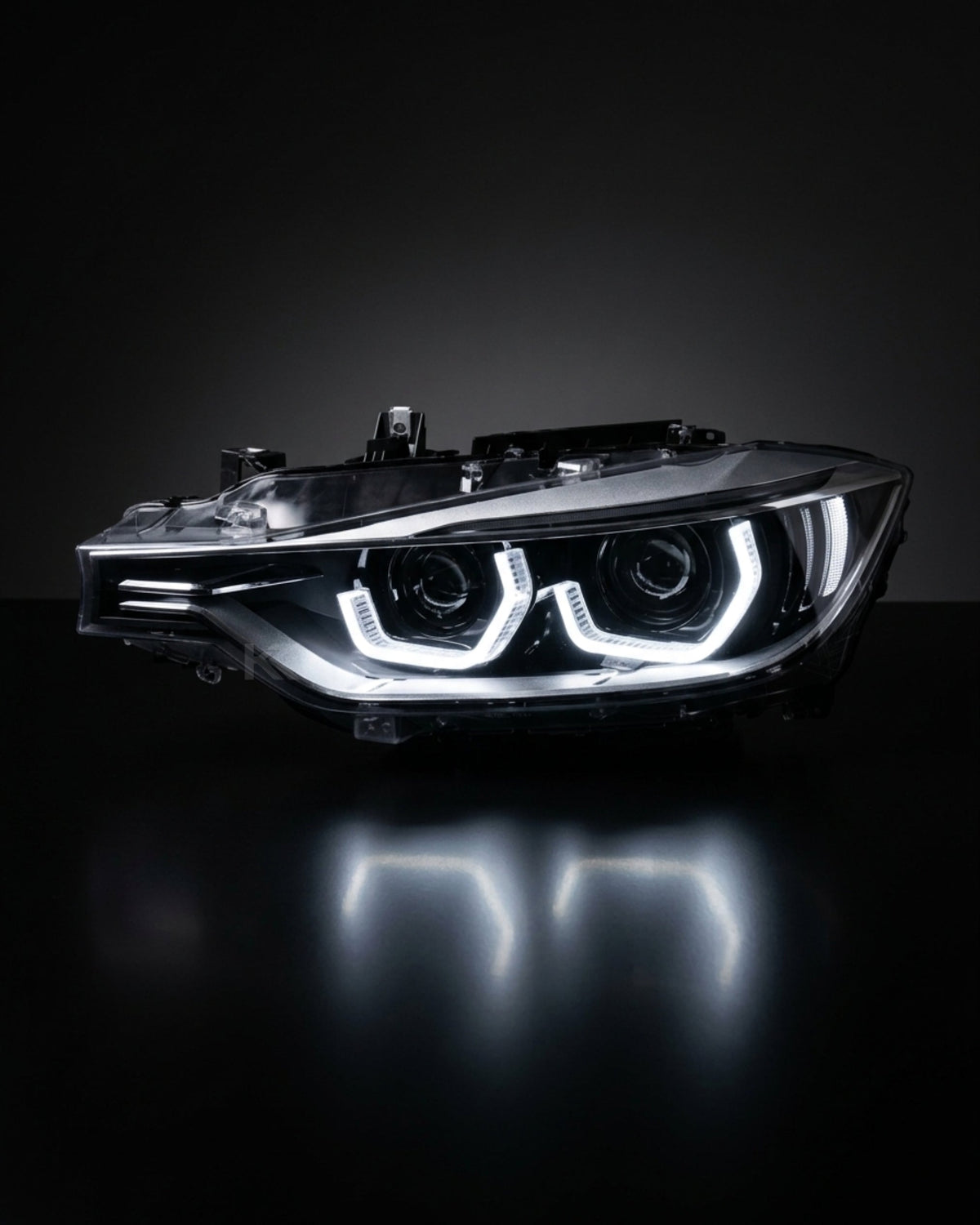 BMW 3-Series F30 F35 Modern Style LED headlights by K2 Industries, showing the sleek design and bright LED light elements.