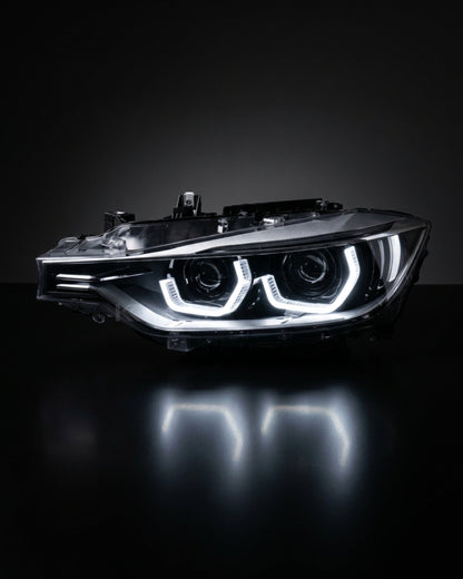 BMW 3-Series F30 F35 Modern Style LED headlights by K2 Industries, showing the sleek design and bright LED light elements.