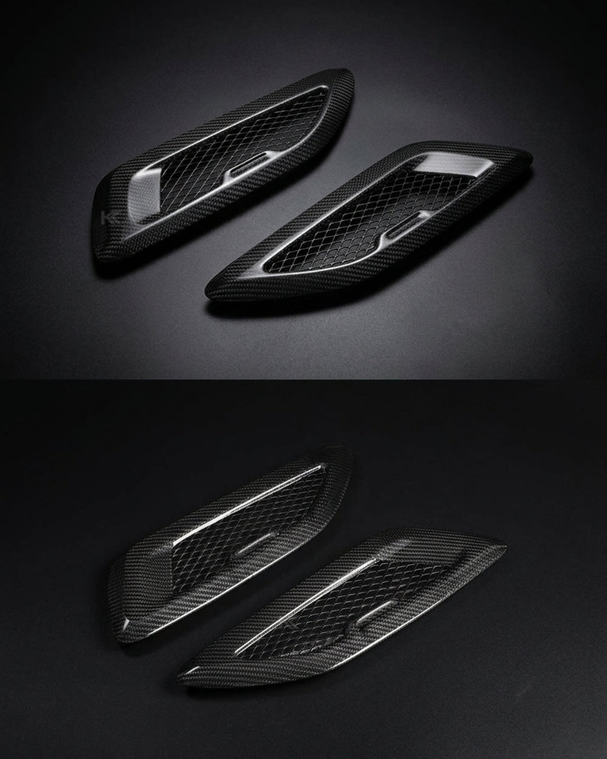 BMW F80 M3, F82 M4, F87 M2, F90 M5, G30 carbon fiber hood vents by K2 Industries, showing sleek vent design on car hood.