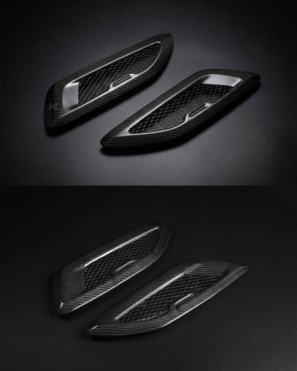 BMW F80 M3, F82 M4, F87 M2, F90 M5, G30 carbon fiber hood vents by K2 Industries, showing sleek vent design on car hood.