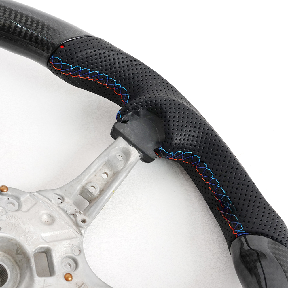 Vekto real carbon fiber BMW F-Series steering wheel with tri-color or red stripe design, sporty and lightweight for M and standard models.