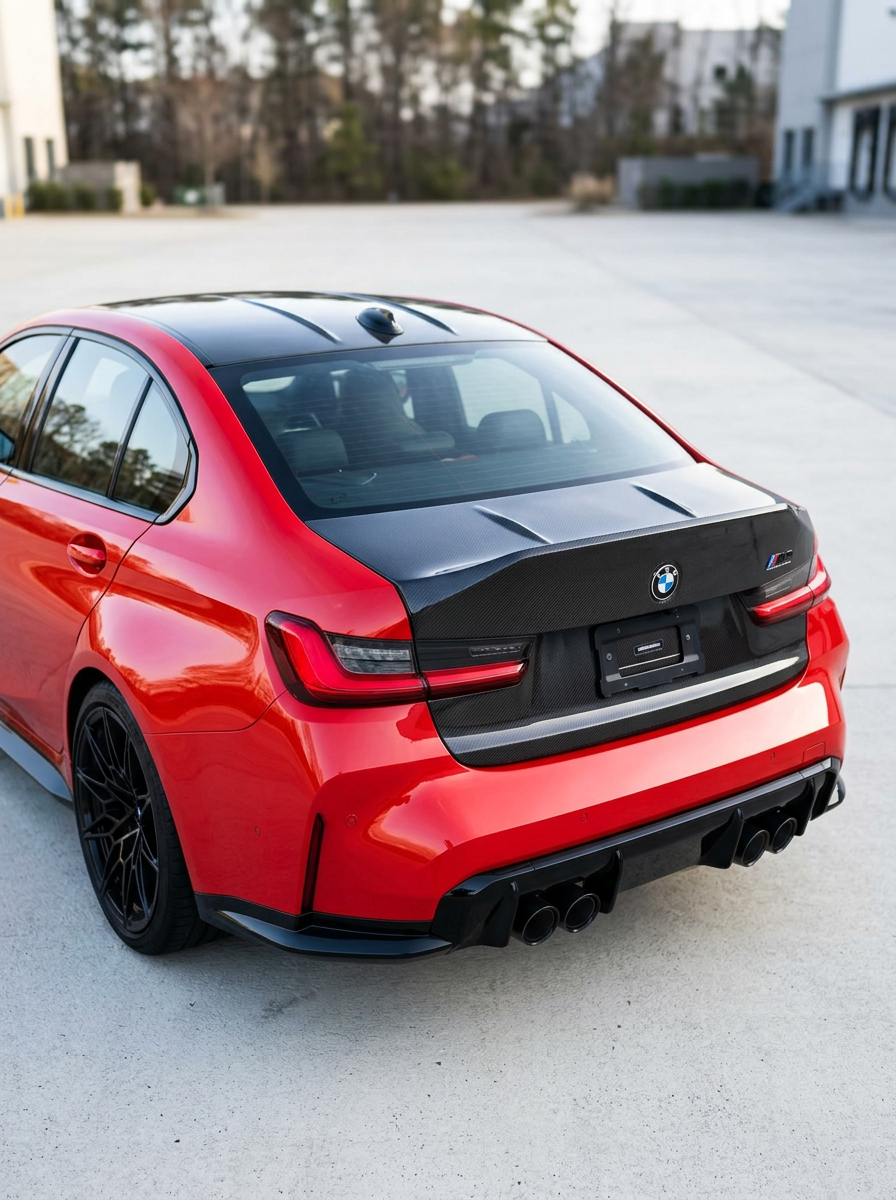 BMW 3 Series G80 M3 CSL Style carbon fiber trunk by K2 Industries, showcasing lightweight, glossy finish, and aerodynamic design.