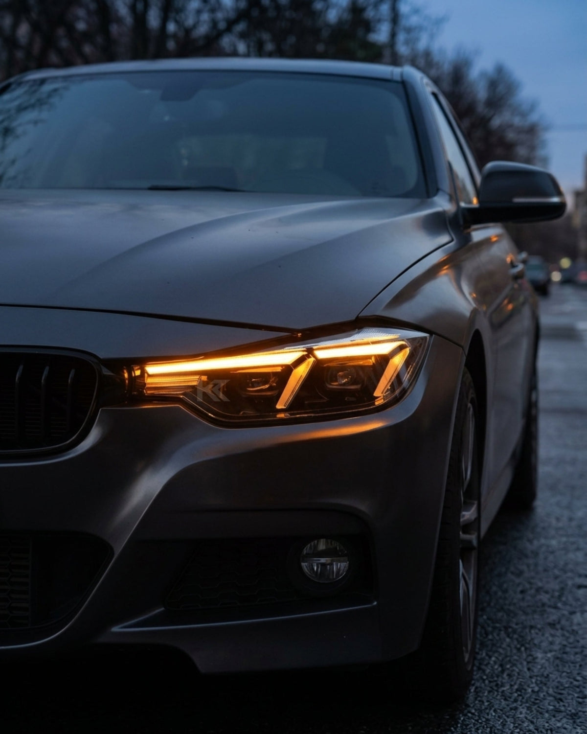 BMW 3 Series F30 F35 F80 LED headlights upgrade by K2 Industries, featuring sleek laser-style headlight design and modern illumination.
