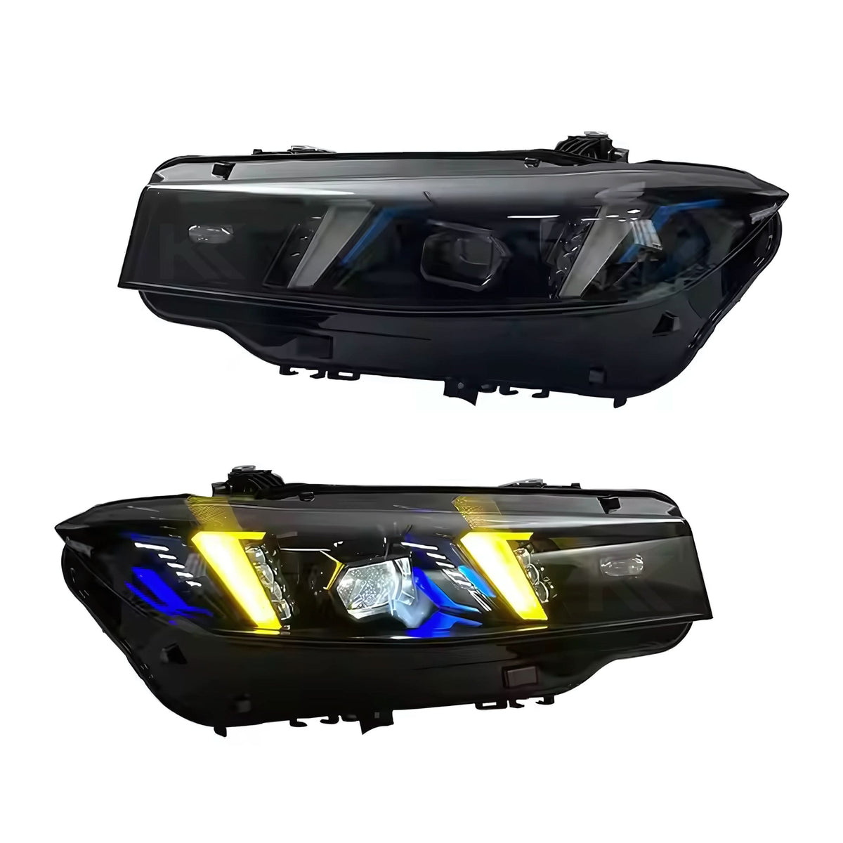 BMW 3 Series G20 G28 Snake Eyes CSL LED headlights by K2 Industries, showcasing sleek daytime running lights and modern headlight design.