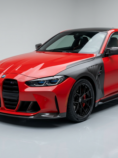 BMW 4 Series G82 M4 carbon fiber matte fenders by K2 Industries, showing sleek, textured carbon fiber surface on the vehicle.