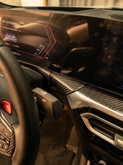 BMW 3/4 Series G80/G81/G82/G83/G87 Carbon Fiber Dashboard Trim by K2 Industries, showing sleek black carbon fiber surface.