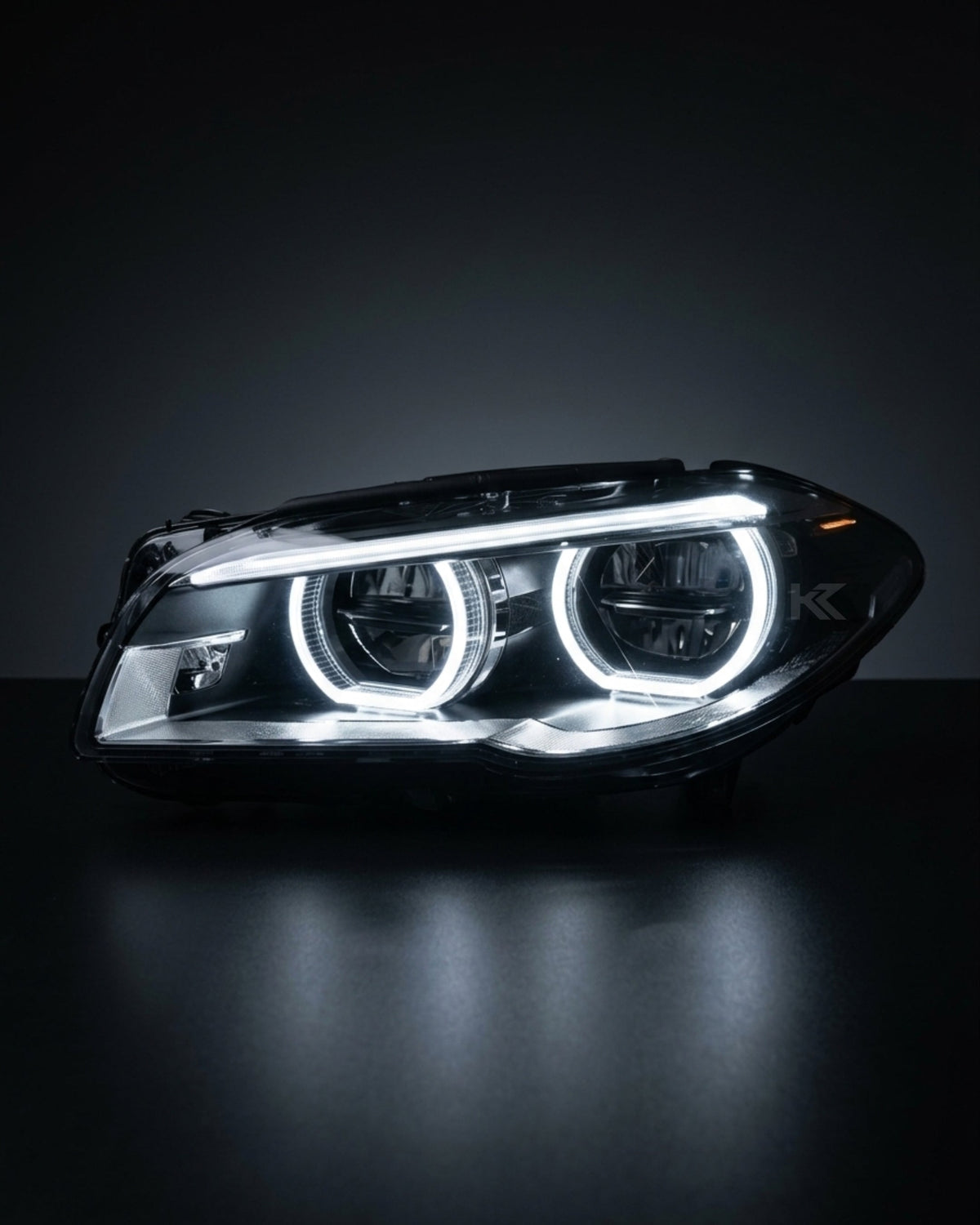 BMW 5 Series F10/F11/F18 factory style LED headlights by K2 Industries, close-up of the upgraded headlight design and LED elements.