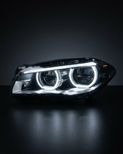 BMW 5 Series F10/F11/F18 factory style LED headlights by K2 Industries, close-up of the upgraded headlight design and LED elements.