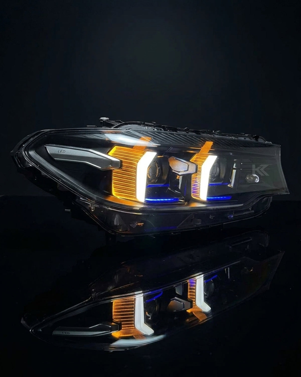 BMW 5 Series G30 G38 M5 F90 dual-color LED headlight assembly with daytime running lights, showcasing modern automotive lighting.