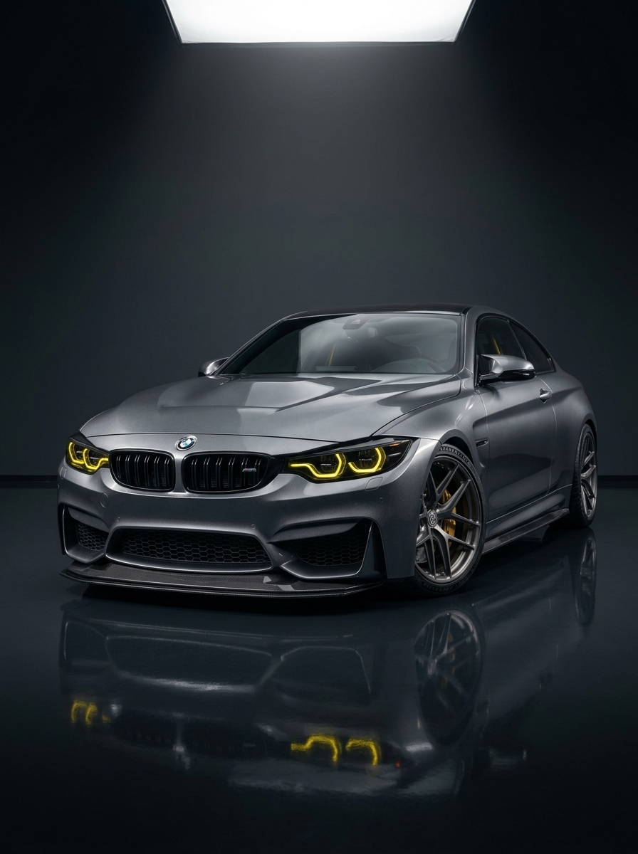 K2 Industries BMW 3 Series F80 M3 F82 F83 M4 GTS style carbon fiber front lip kit on a sports car, showcasing sleek aerodynamic design.
