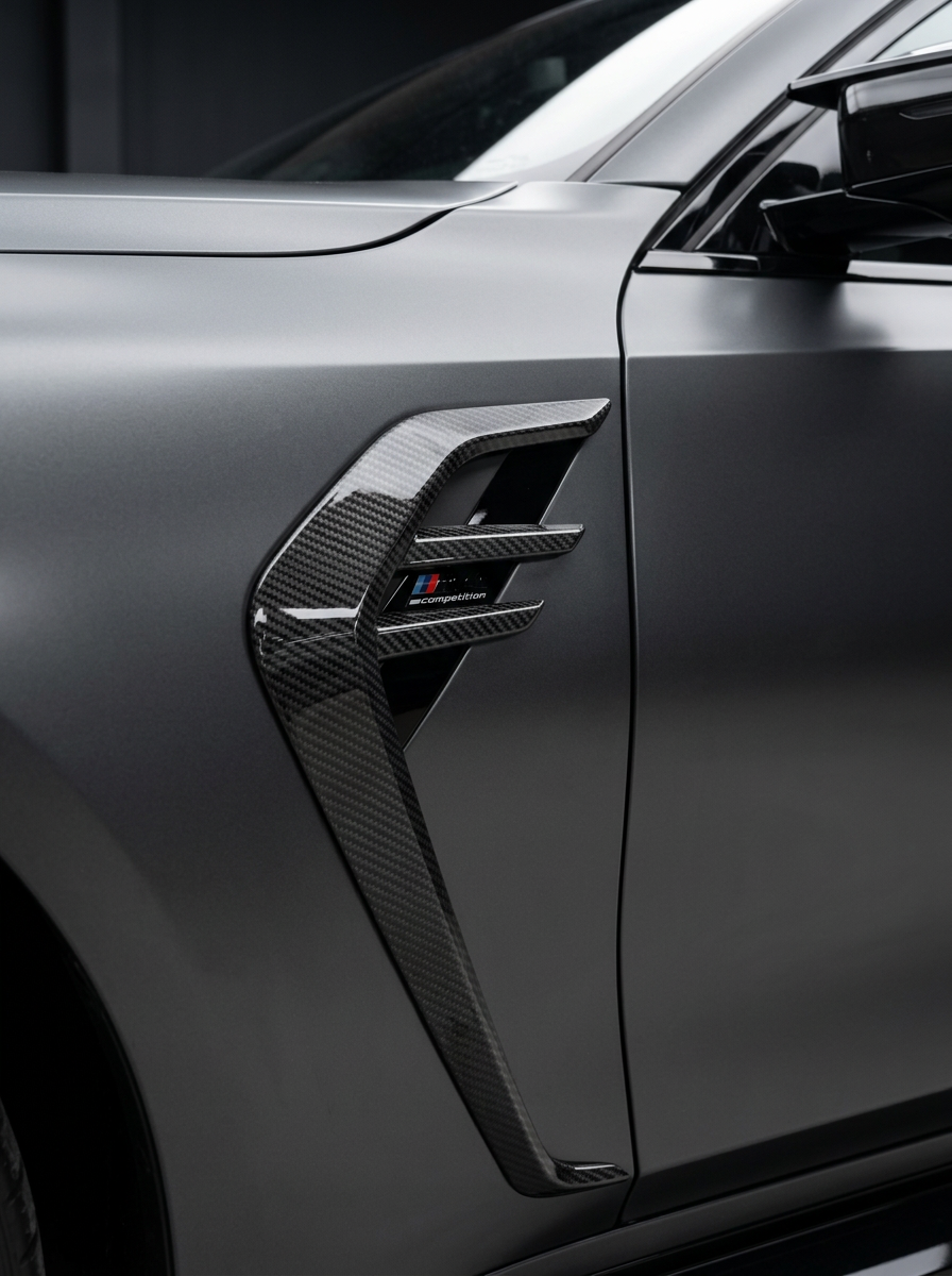 BMW 3/4 Series G80/G81/G82/G83 dry carbon fiber fender vents by K2 Industries, showcasing sleek, textured aerodynamic vents in close-up.