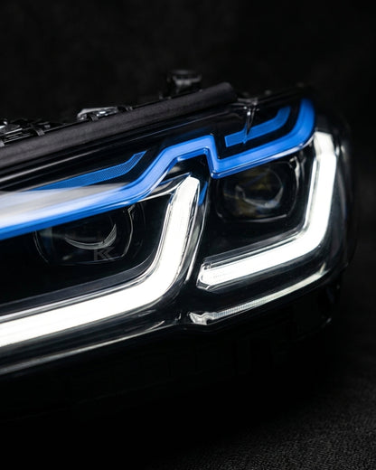 K2 Industries BMW 5-Series G38 G30 Laser LED headlights installed on a 2018-2022 model, highlighting sleek, modern headlight design.