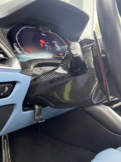 BMW 3 Series G80 G81 M3 and 4 Series G82 G83 M4 carbon fiber steering column cover by K2 Industries, showcasing sleek fiber finish.