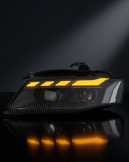 K2 Industries Audi A4 RS style LED headlight assembly with daytime running lights for 2008-2012 model showing front view