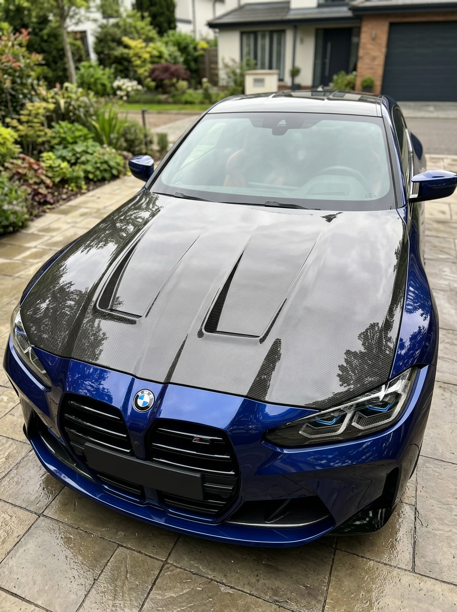 K2 Industries carbon fiber hood for BMW 3 Series G80/G81 M3 and 4 Series G82/G83 M4, sporty lightweight front hood with A Style design.