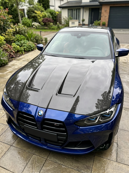 K2 Industries carbon fiber hood for BMW 3 Series G80/G81 M3 and 4 Series G82/G83 M4, sporty lightweight front hood with A Style design.