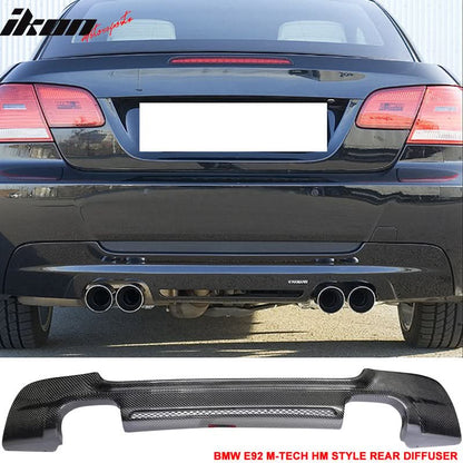 K2 Industries carbon fiber rear bumper diffuser for BMW 3-Series E92 MSport, fits 2007-2013, with a sleek, aerodynamic design.