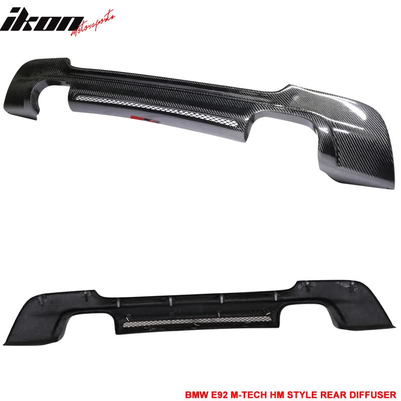 K2 Industries carbon fiber rear bumper diffuser for BMW 3-Series E92 MSport, fits 2007-2013, enhances sporty rear appearance.