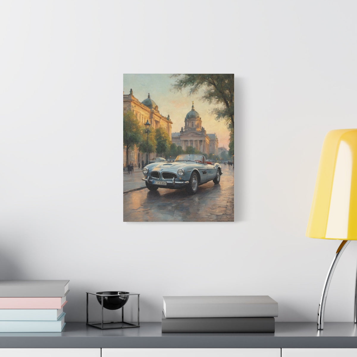 Vintage 1957 BMW 507 Roadster Canvas Wall Art | European City Boulevard Sunset Canvas Print | Impressionist Classic European Sports Car Art for Living Room & Office