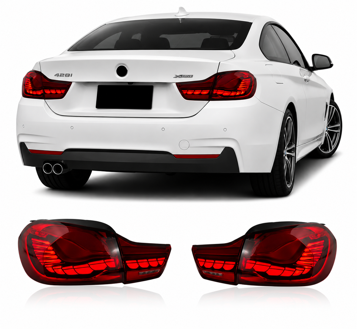 Vekto BMW 4 Series F32/F33/F36 and M4 F82 LED taillights with dragon scale design, showcasing sleek red and clear lenses.