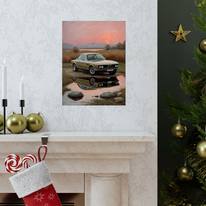 1973 BMW 30 CSL Wall Art Polaris Silver Gold Lake Sunset Water Reflection Poster Classic German Sports Coupe Oil Painting Fine Art Print for Home Office Decor