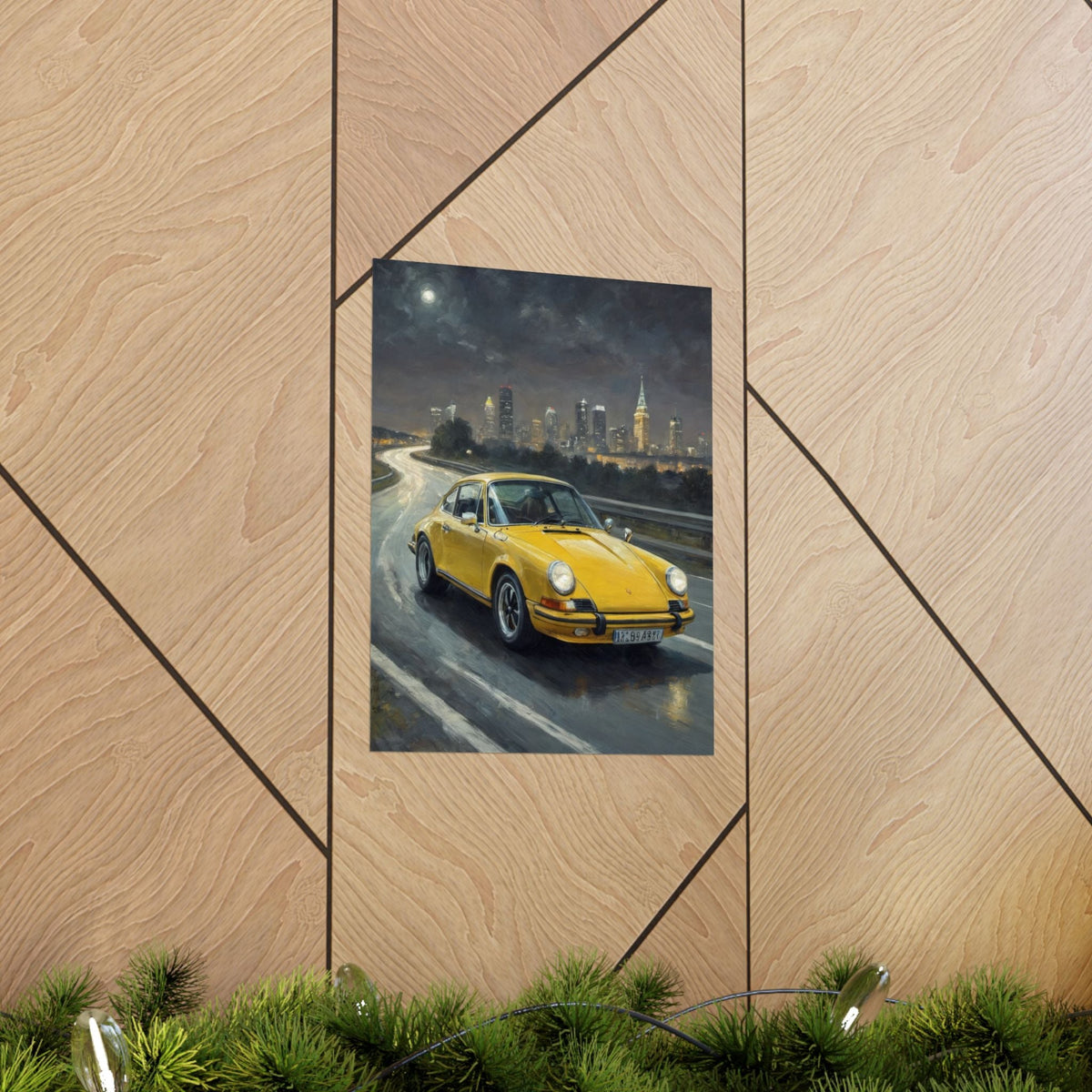 1973 Porsche 911 Wall Art Signal Yellow Night Highway City Skyline Full Moon Poster Classic German Sports Car Oil Painting Fine Art Print for Home Office Decor