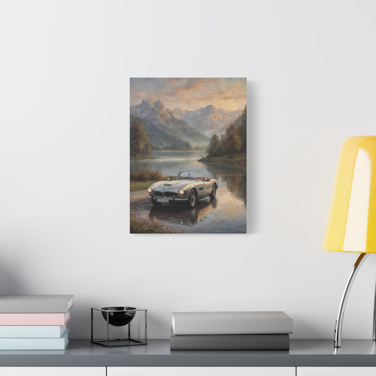 Vintage 1957 BMW 507 Roadster Canvas Wall Art | Alpine Lake Sunset Reflection Canvas Print | Impressionist Classic European Sports Car Art for Living Room & Office