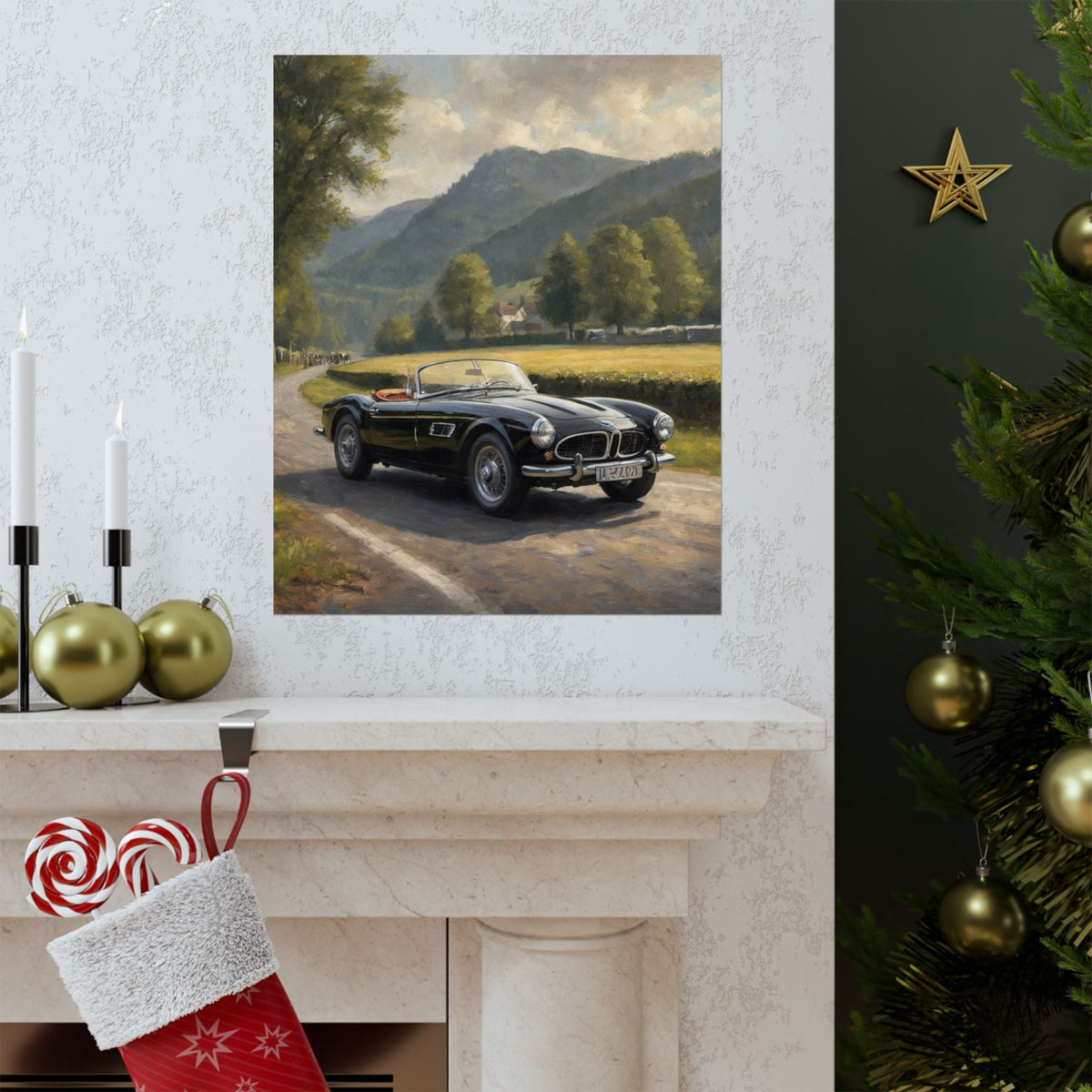 Vintage 1957 BMW 507 Roadster Poster | Countryside Mountain Road Wall Art | Impressionist European Classic Sports Car Fine Art Paper Print