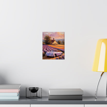 Vintage 1956 Porsche 356 Speedster Poster | Provence Lavender Field Sunset Wall Art | Impressionist European Classic Sports Car Fine Art Paper Print