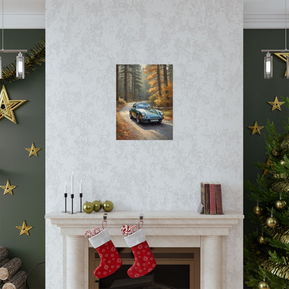 1973 Porsche 911 Wall Art Forest Green Autumn Pine Forest Dirt Road Poster Classic German Sports Car Oil Painting Fine Art Print for Home Office Decor