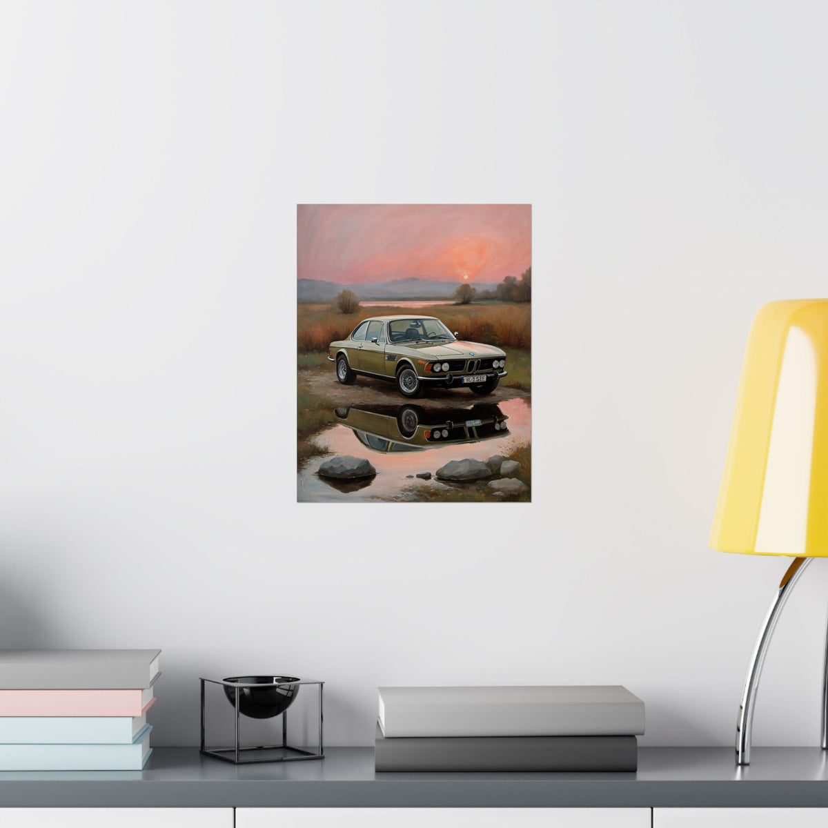 1973 BMW 30 CSL Wall Art Polaris Silver Gold Lake Sunset Water Reflection Poster Classic German Sports Coupe Oil Painting Fine Art Print for Home Office Decor
