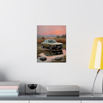 1973 BMW 30 CSL Wall Art Polaris Silver Gold Lake Sunset Water Reflection Poster Classic German Sports Coupe Oil Painting Fine Art Print for Home Office Decor