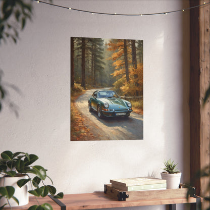 1973 Porsche 911 Wall Art Forest Green Autumn Pine Forest Dirt Road Poster Classic German Sports Car Oil Painting Fine Art Print for Home Office Decor