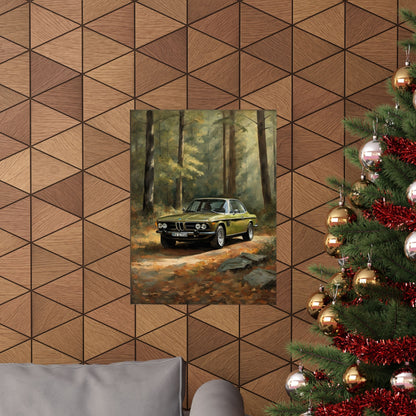 1973 BMW 30 CSL Wall Art Taiga Metallic Green Autumn Forest Sunlight Poster Classic German Sports Coupe Oil Painting Fine Art Print for Home Office Decor